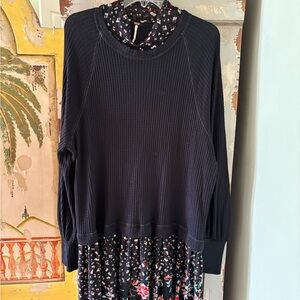 Free People Black Layered Mini Dress with Floral Skirt